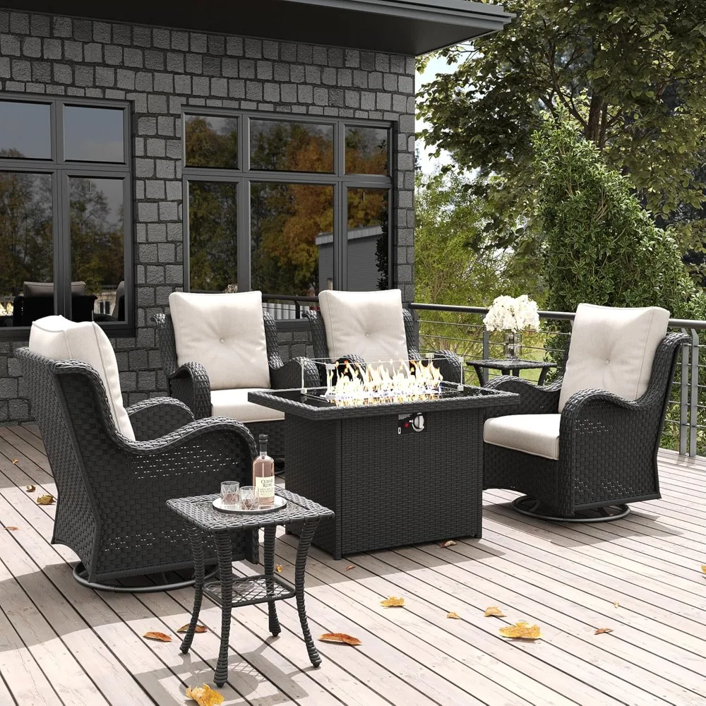 

7 Pieces Outdoor Patio Furniture Set with Fire Pit Table, Rattan Wicker Swivel Rocker Chairs Sets with Swivel Glider