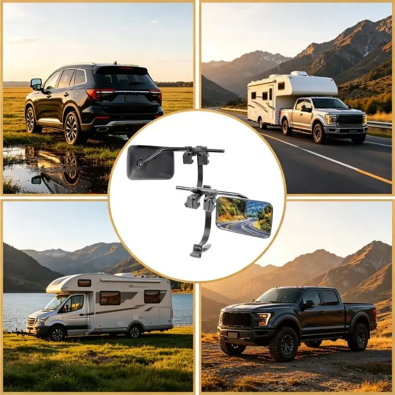 M76E Pickup Mirror Assembly Pair with Glass Mirror Surfaces, PP Housing, Nylon Connector, Extended Arms and Clamps On Structure