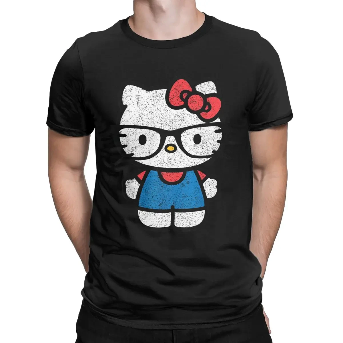 Hello Kitty Distressed Nerd Glasses T-Shirts for Men Novelty Pure Cotton Tees Crew Neck Short Sleeve T Shirt  Clothes