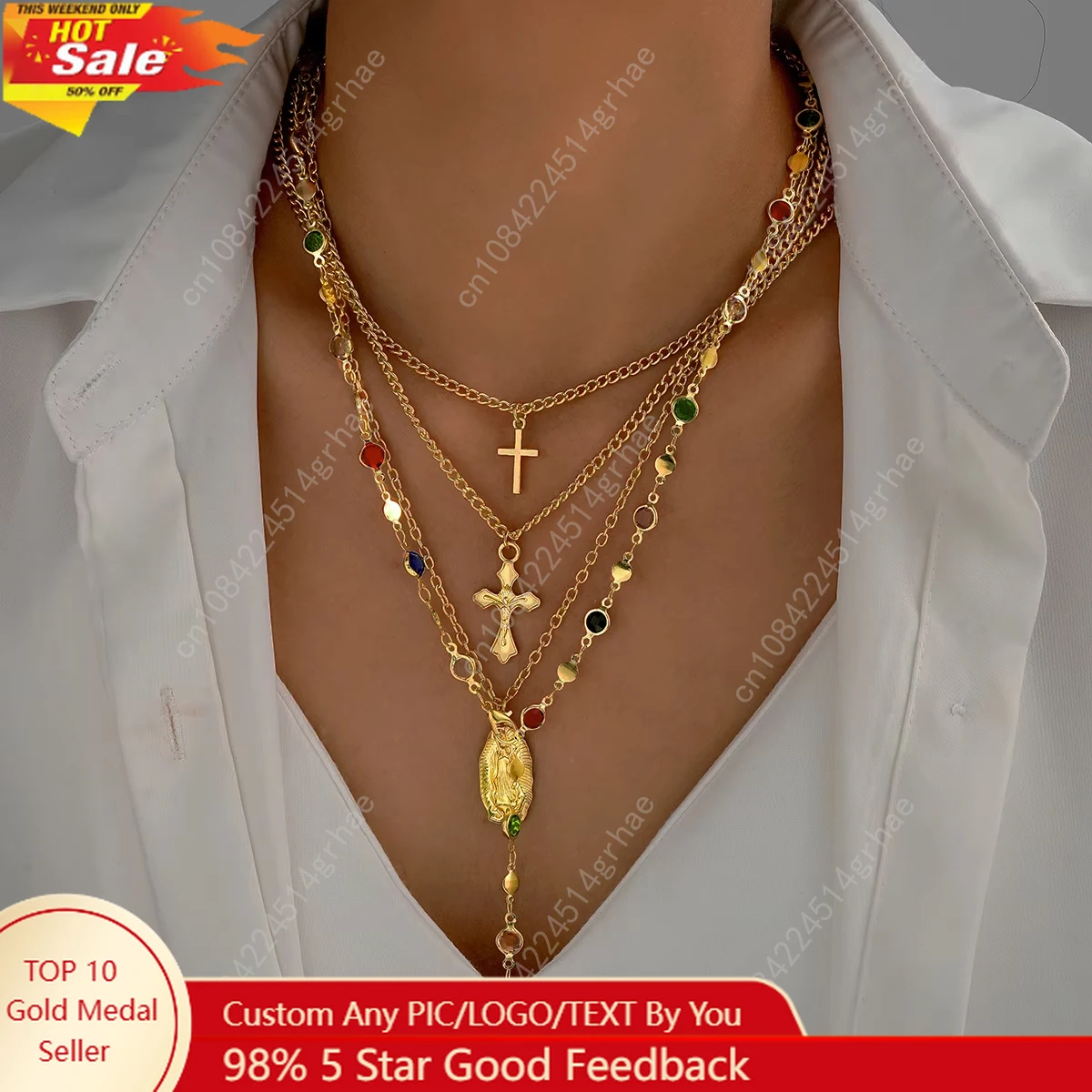 

4Pcs/Set Cross Colorful Crystal Necklaces For Women Simple Gold Silver Color Y-Shaped Pendant Necklace Set New Christian Jewelry