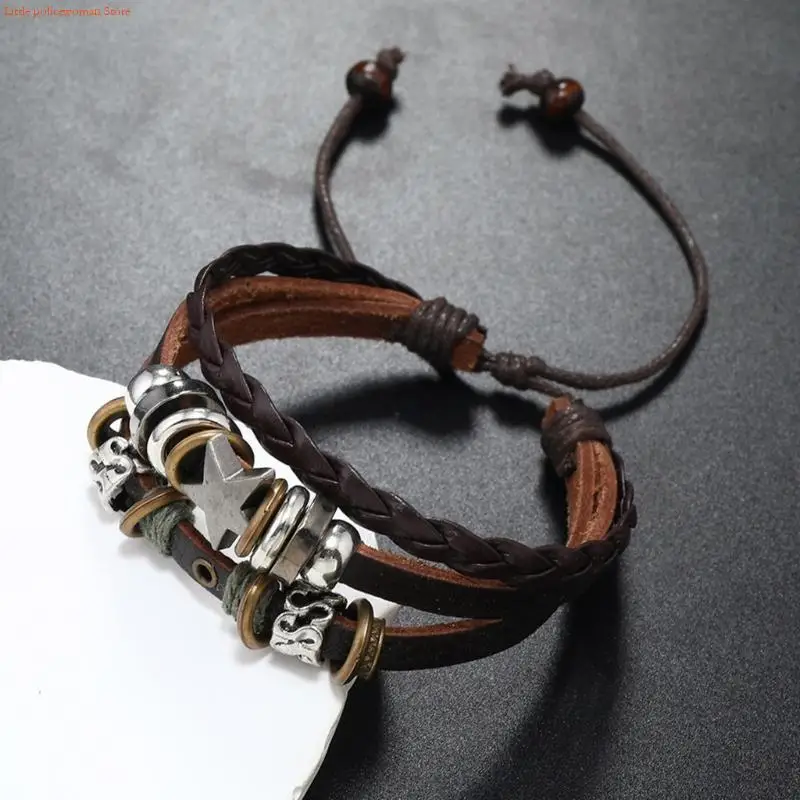 F92D Fashion Woven Bracelet MultiLayer Leather Bracelet Star Beaded Bracelet Jewelry