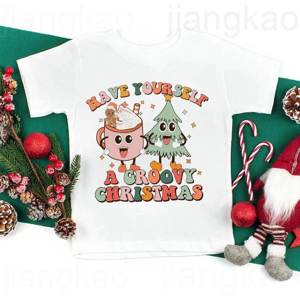 Have Yourself A Groovy Christmas Print Shirts Kids Christmas Party Outfit Child Short Sleeve T-shirt Boys Girls Holiday Tee Tops