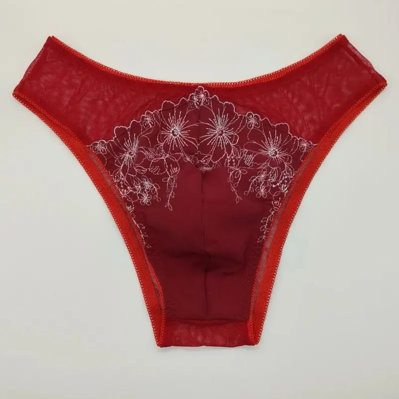 

Man's Sexy Red Lace Mesh Embroid Floral Thong Sissy Low Waist Briefs Cross-dressing Lingerie Comfortable G-string Panties