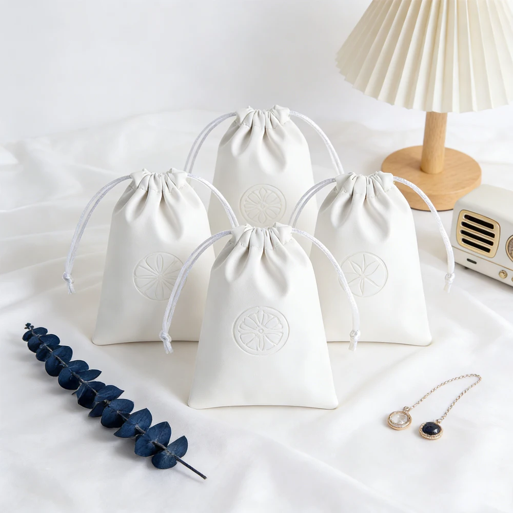 

100/50 Pcs Customized Drawstring PU Leather Jewelry Storage Bag Party Gift Straw Earphone Gemstone Packaging for Watches