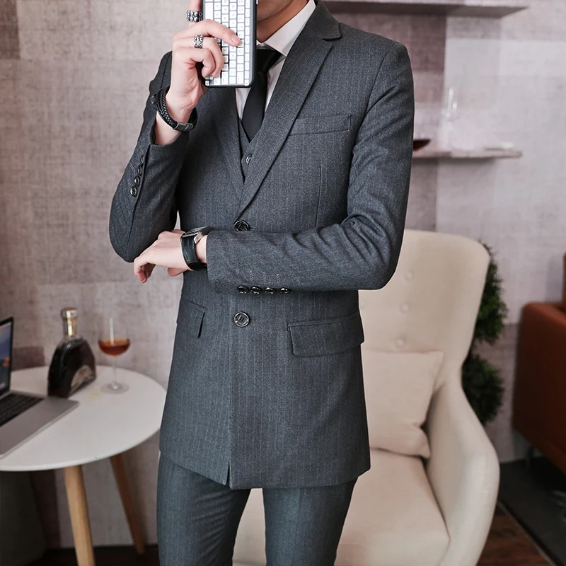 

Medium and long boutique (jacket + vest + trousers) young Korean version of handsome slim suit bridegroom dress three pieces