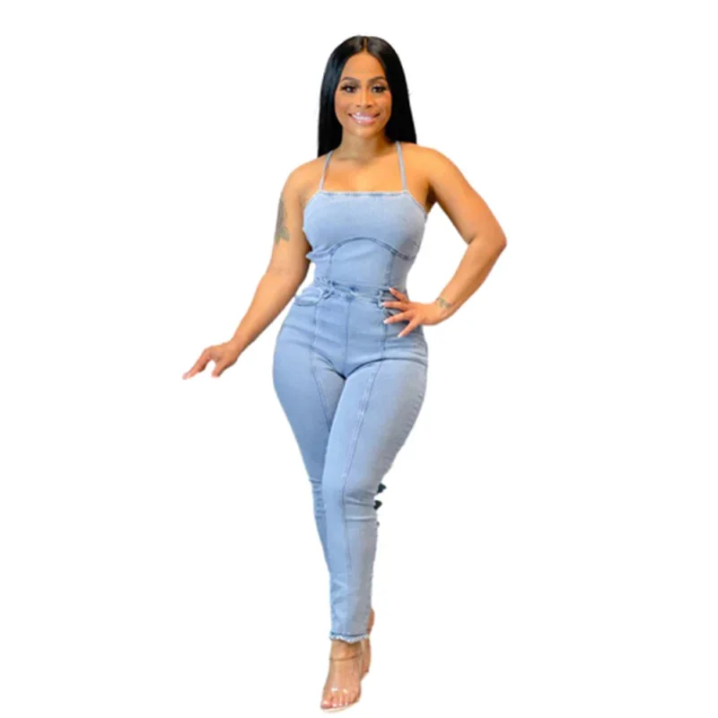 Fashion Backless Crossover Bandage Splicing Jumpsuit Women Back Zipper One-piece Trousers Female Casual Slim Suspenders Rompers