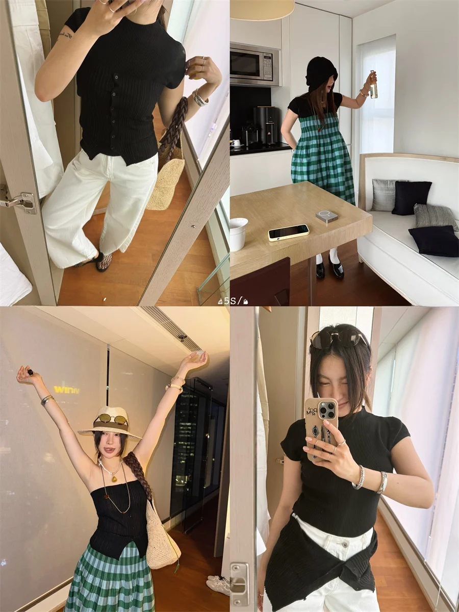 MOEROP DIY Mehrfarbig Gestrickte ort Sve Brautjungfer Top Und Bot Set Frühling Sommer Neue Sle Stand Fit Damen T-shirt