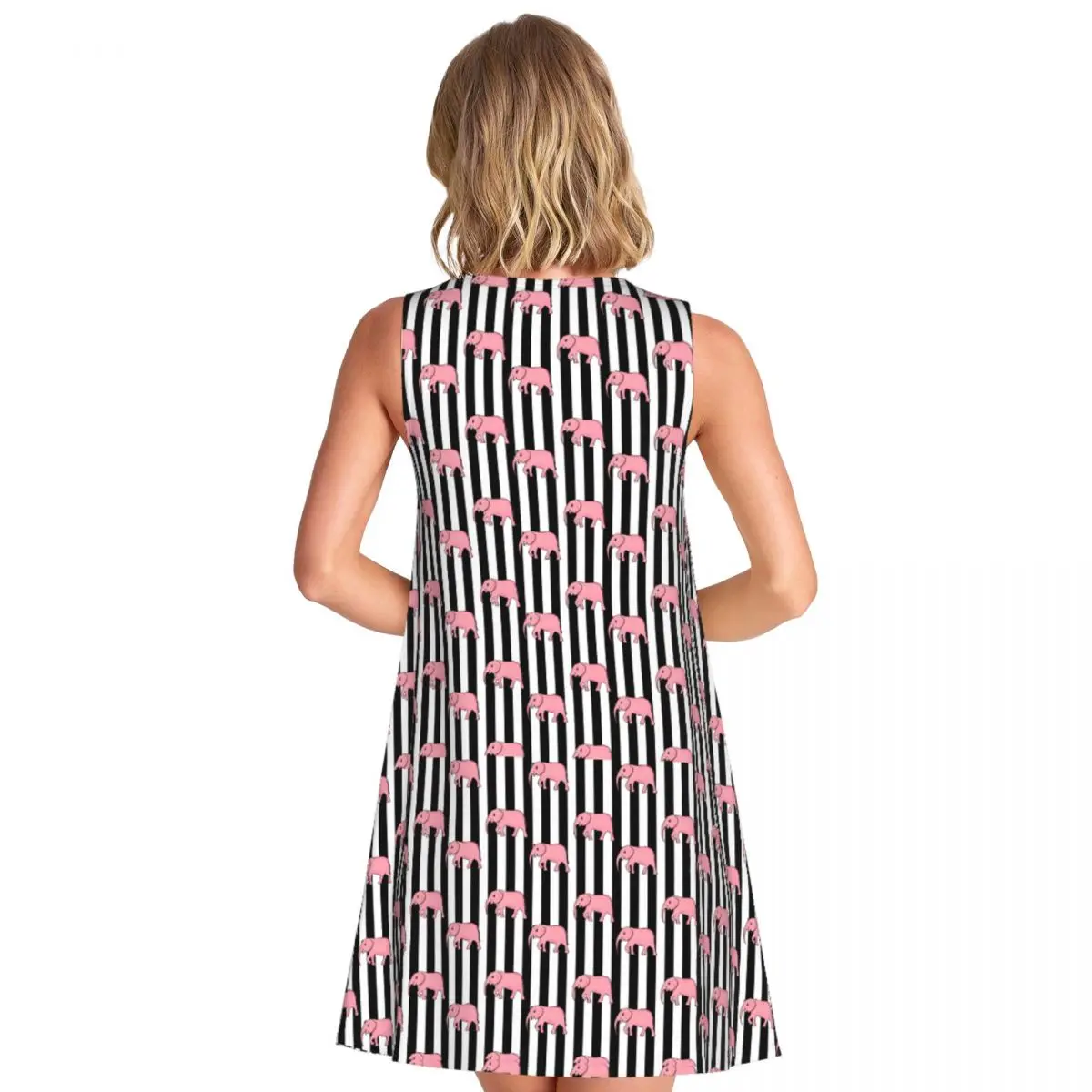 Pink Elephant Casual Dress Black Strips Print Boho Beach Dresses Lady Day Aesthetic Graphic Oversize Tank Dress