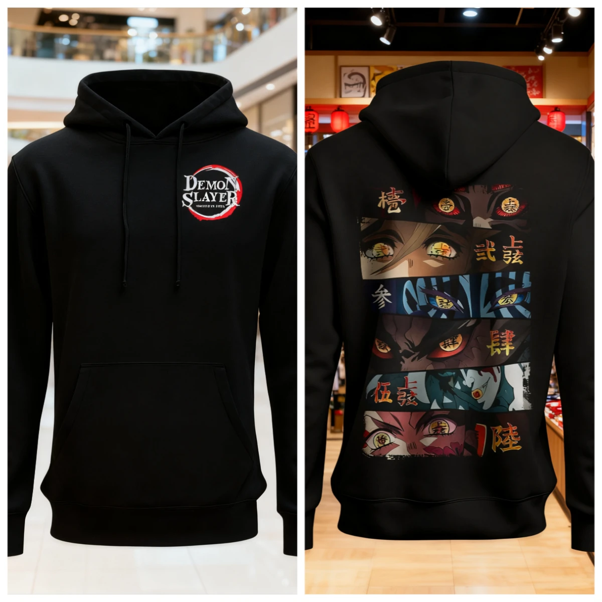 Demon Slayer Anime-Kapuzenpullover aus Baumwolle, schwarzer Farb-Charakterdruck mit mehreren Augenmustern, Rückendesign und Brustlogo, lässige Streetwear
