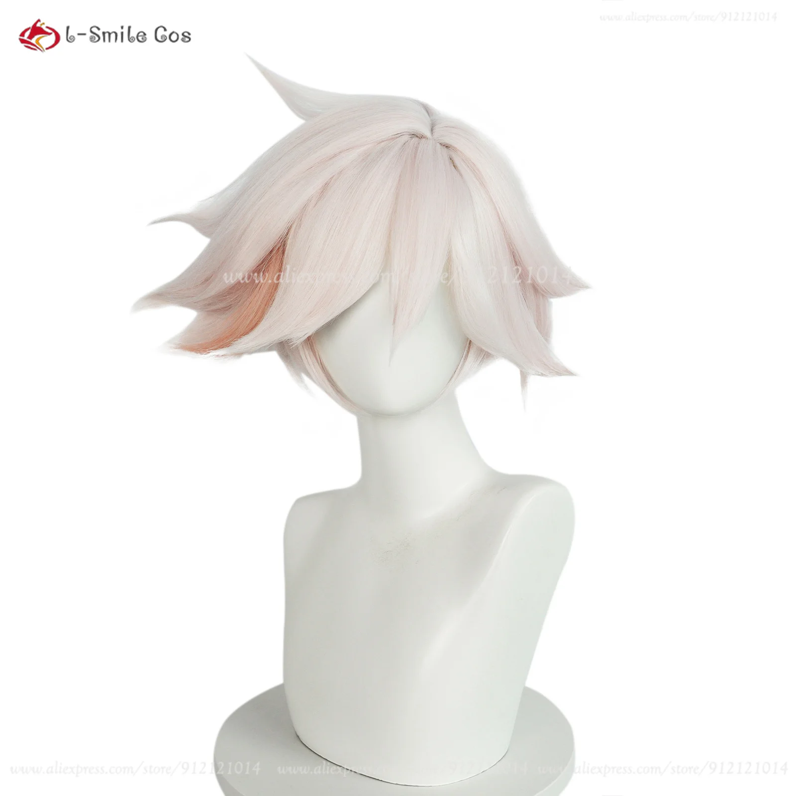 Anime Hotel Dust Angel Cosplay Wig Short Pink White Highlights Hair Heat Resistant Synthetic Wigs Halloween Wig + Wig Cap