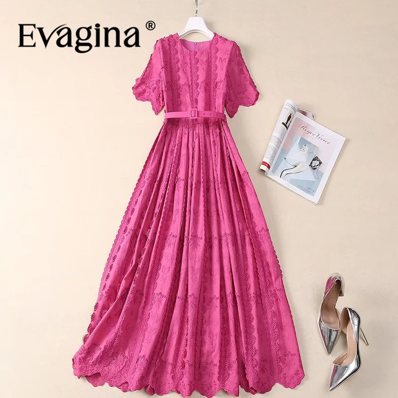 

Evagina Summer Women's Pleated Dress Short-Sleeved Pleated Splicing Elegant Embroidery Cotton Vintage Party Ball Gown Dresses