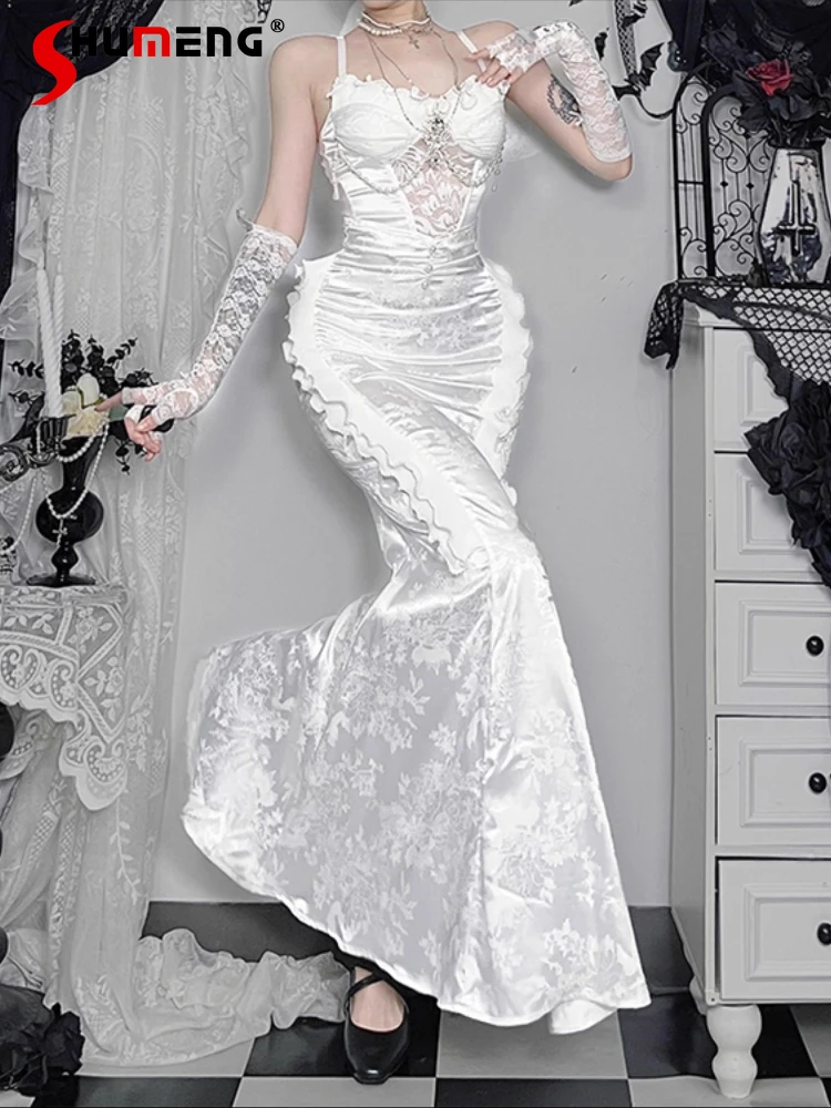 

Хэллоуин Призрак Невесты Косплей Костюм Рыбья Кость Slim Fit Цепочка из бисера Укороченные топы с высокой талией Белые длинные юбки Женский комплект из двух предметов