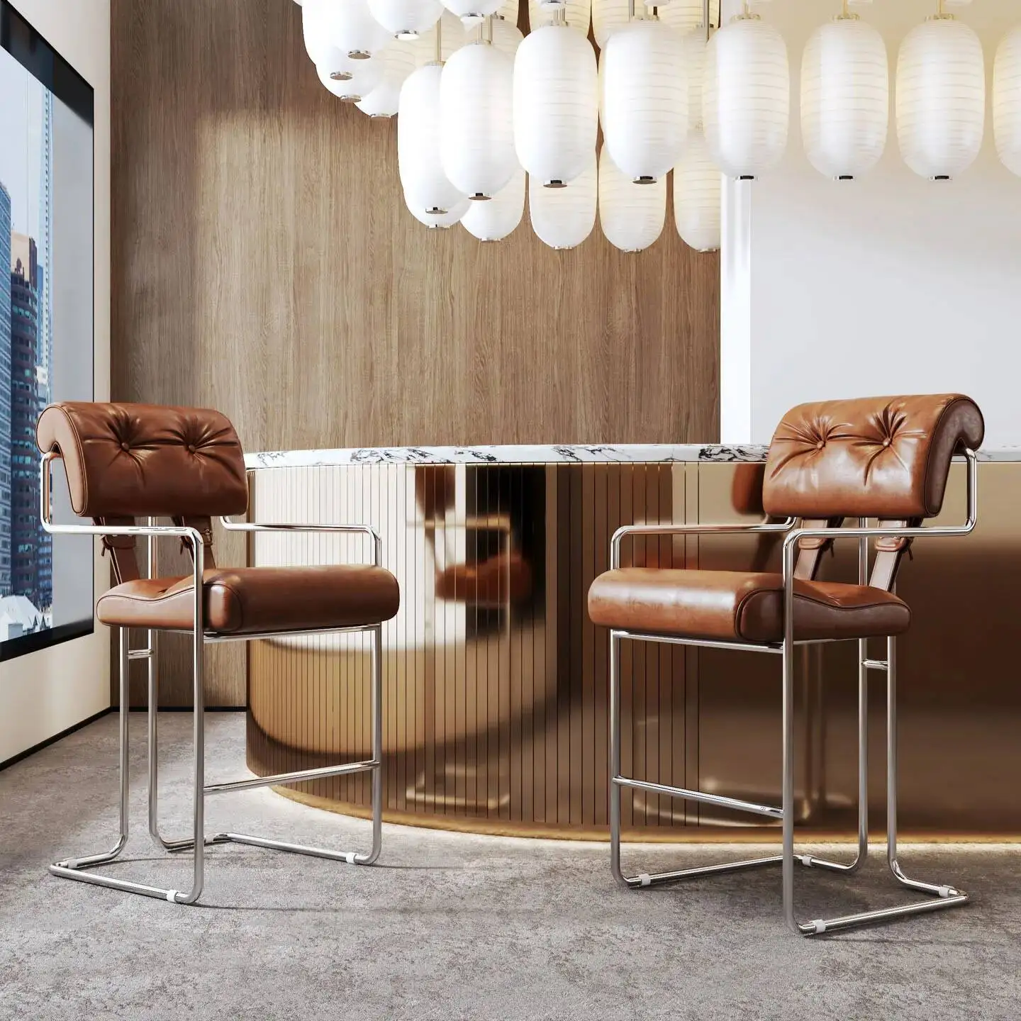 

Metal Stainless Steel Bar Stool Home Backrest High Chair Island Table Dining Table Soft Cushion Chair Bars Front Desk Chairs