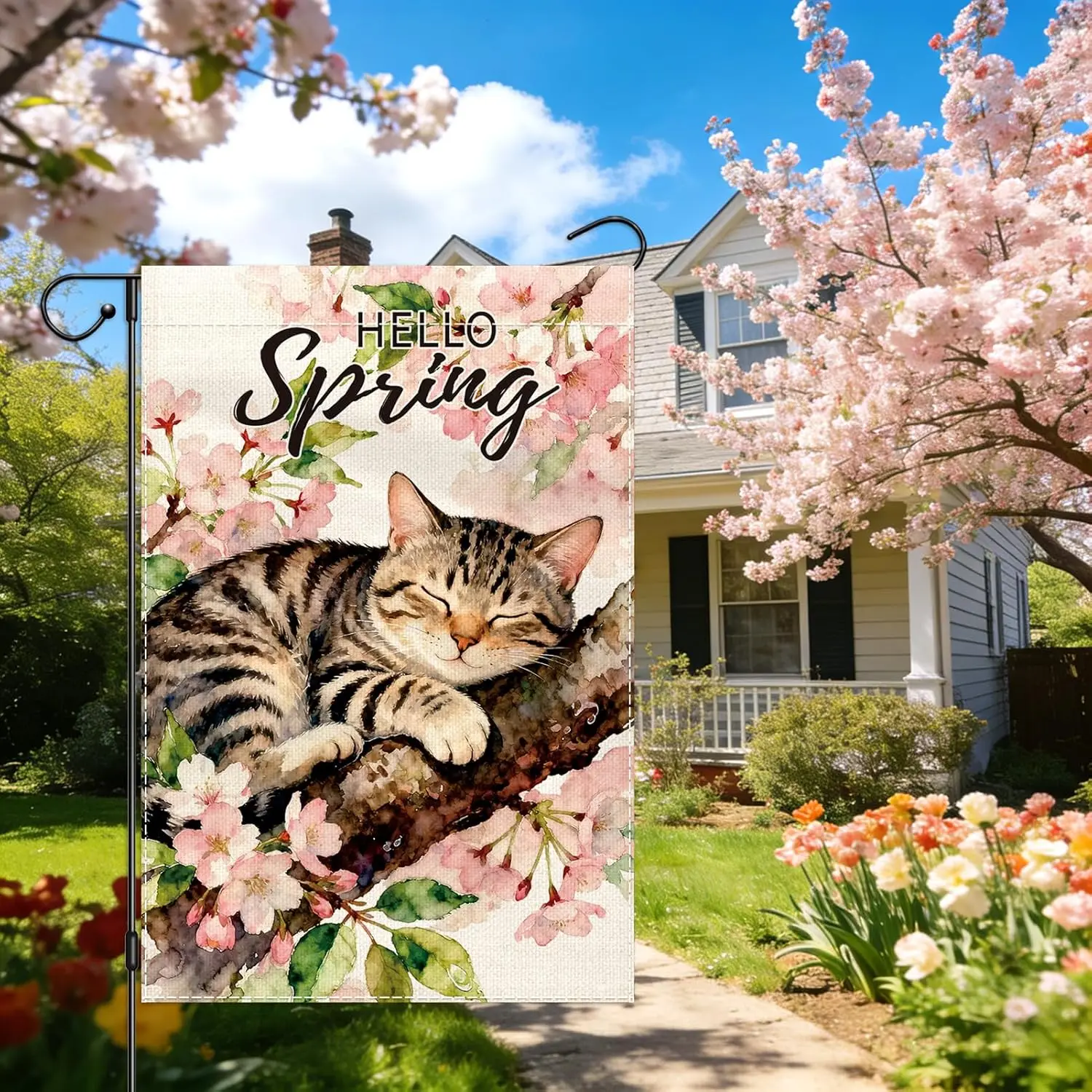 Hello Spring Cat Garden Flag 12x18 Inch Double Sided, Welcome Colorful Flowers Yard Flag for Outside, Small Burlap Flag for  ZZM
