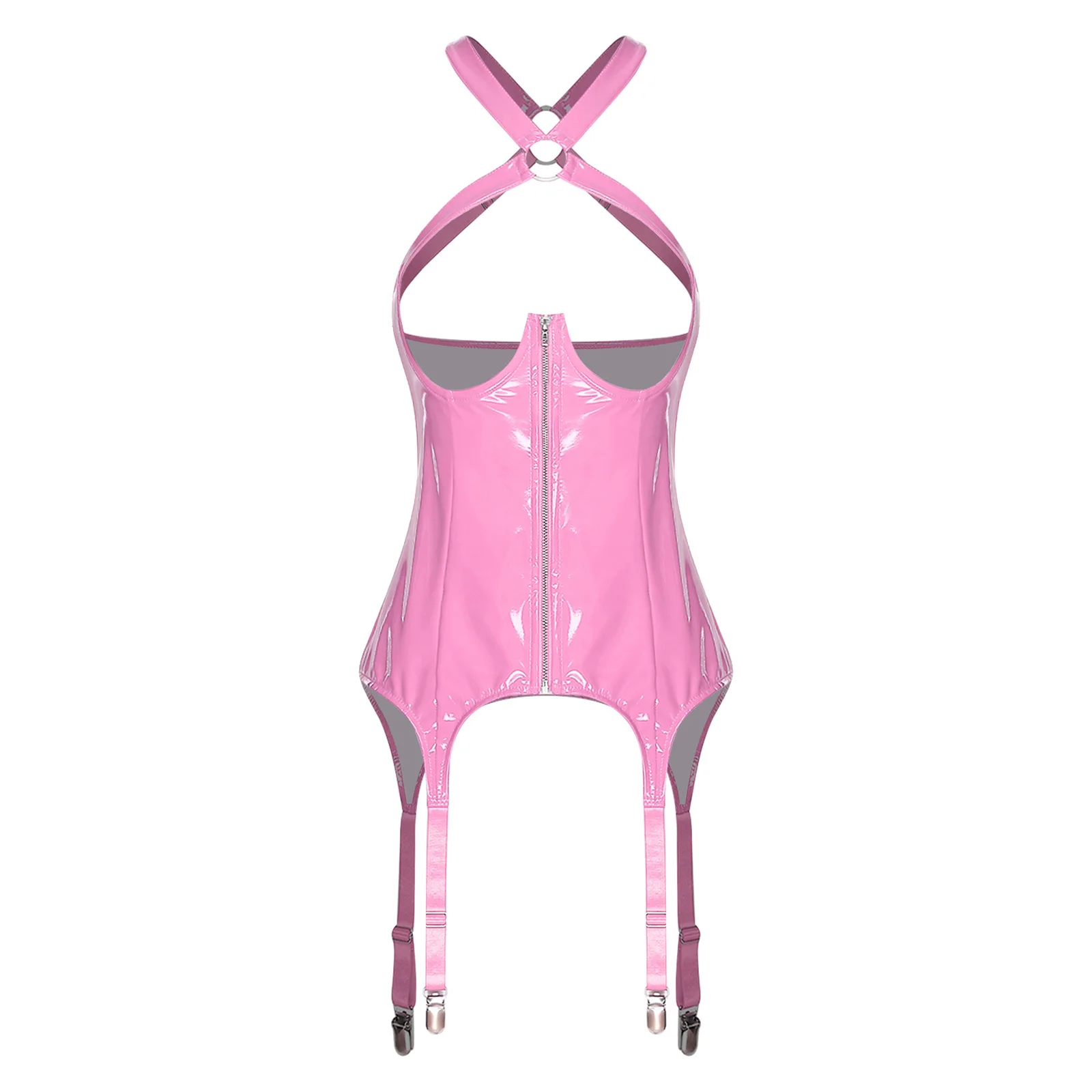 

Womens Latex Lingerie Shiny Cutout PU Bodycon Dress Sexy Halter Crotchless Open Cup Tank Tops with Garter Clips Erotic Clubwear