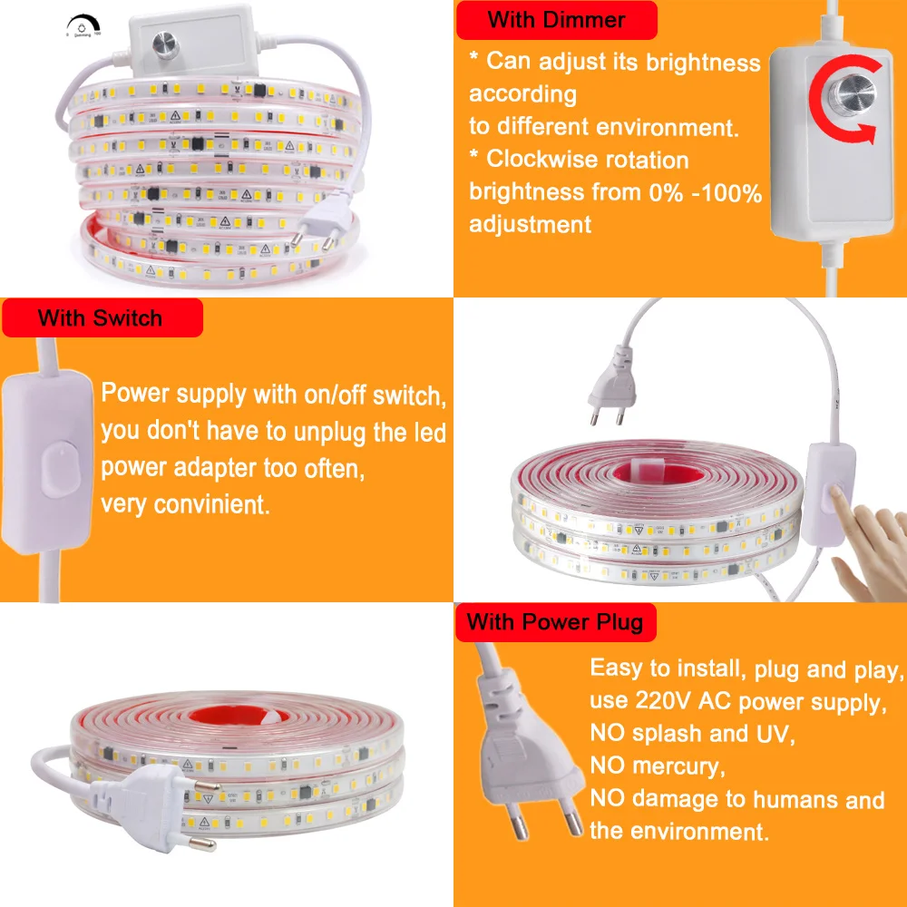 Ściemnialna taśma LED 220 V 2835 z przełącznikiem ściemniacza Taśma samoprzylepna Wodoodporna 0,5 m 2 m 5 m 20 m 50 m 100 m 120 diod LED/m