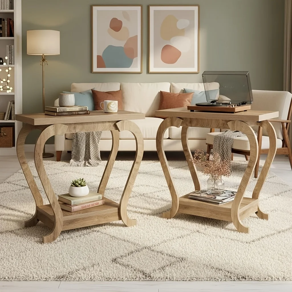 

End Table, Narrow Wood Side Table with Storage Shelves, 2-Tier Bedside Accent Furniture for Living Room, Small Spaces, Bedroom, Brown (1, Brown)