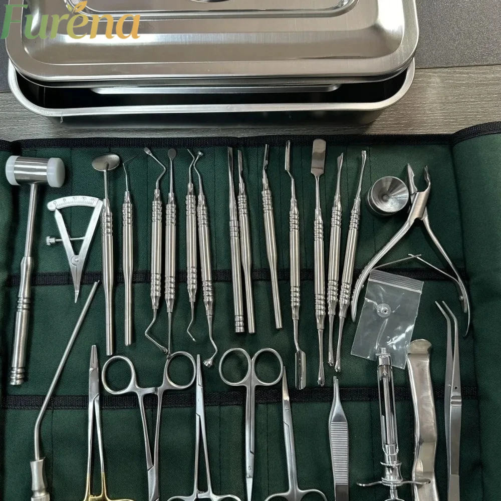 26Pcs Dental Implant Surgical Kit, Bone Forceps, Hammer, Periosteal Elevator, Probe, Intraoral Scope, Dental Surgery Instrument