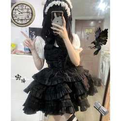 Coalfell Gothic Lolita Fluffy Dress Cute and Sweet Bubble Sleeve Shirt Lace Suspender Dress Set Skirt 2-piece Set Women