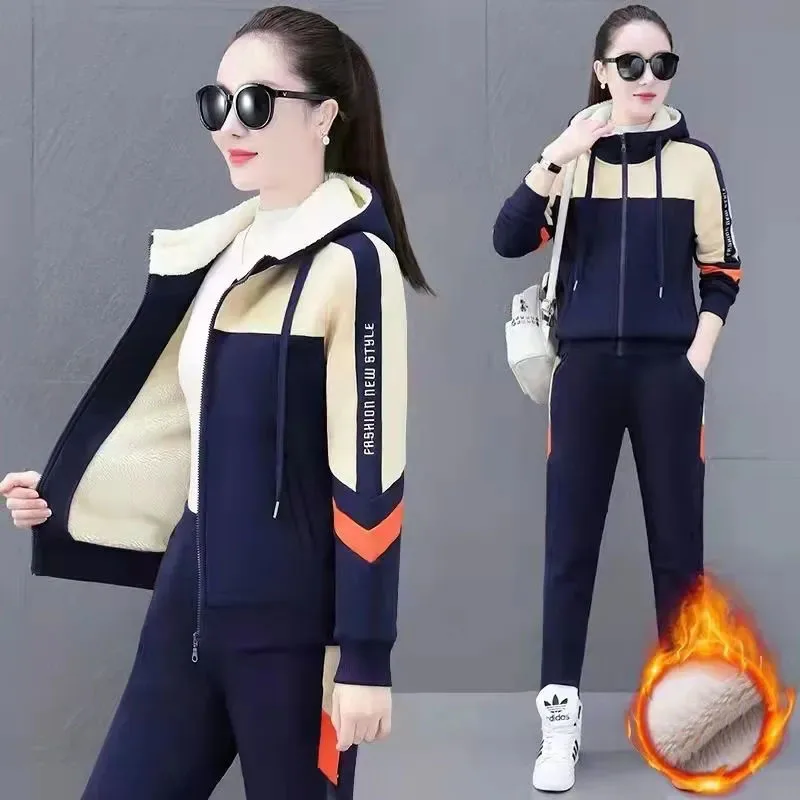 Spliced Lambwool Tracksuit Two Piece Set Casual Warm Women\'s Sweatshirt Coat Conjuntos Thicken Plush Jogger Pants Outfit Winter