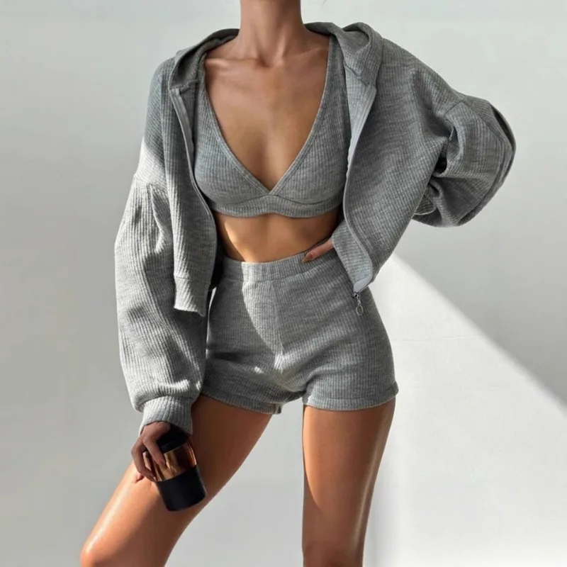 

Spring Fashion Short Hooded Long-sleeved Hoodie Jacket High Waist Shorts Large V-neck Halter Sports Underwear Casual 3-piece Set