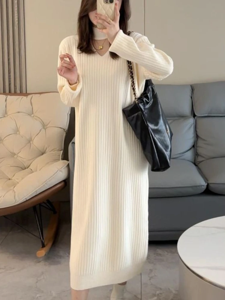 Korean V-neck knitted dress 2024 autumn and winter new fashion