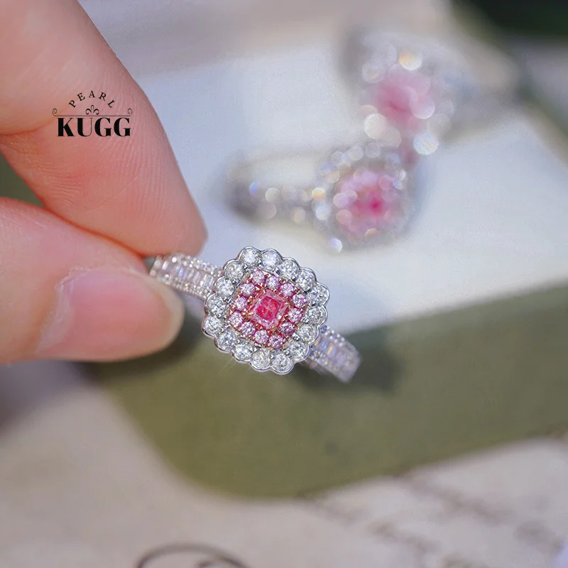 KUGG 100% 18K White Gold Rings Luxury Real Natural Pink Diamond Engagement Ring for Women Gentle Style High Wedding Jewelry