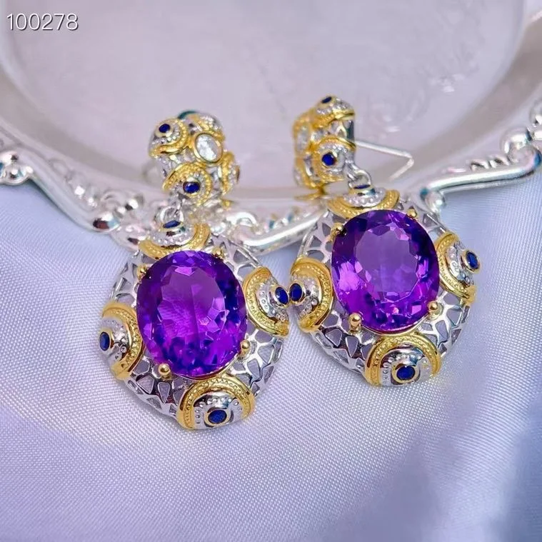 Natural Amethyst Earrings, 925 Silver Two-Tone Finish 10x14mm Main Stones, Handmade Crystal Jewelry Gift for Women