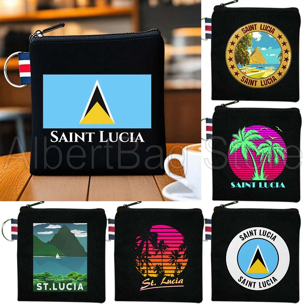 

Saint Lucia Map Flag Patriotic Travel Gifts Canvas Key Coin Purse Small Cotton Bag Travel Storage Card Bags Wallet Holders Pouch