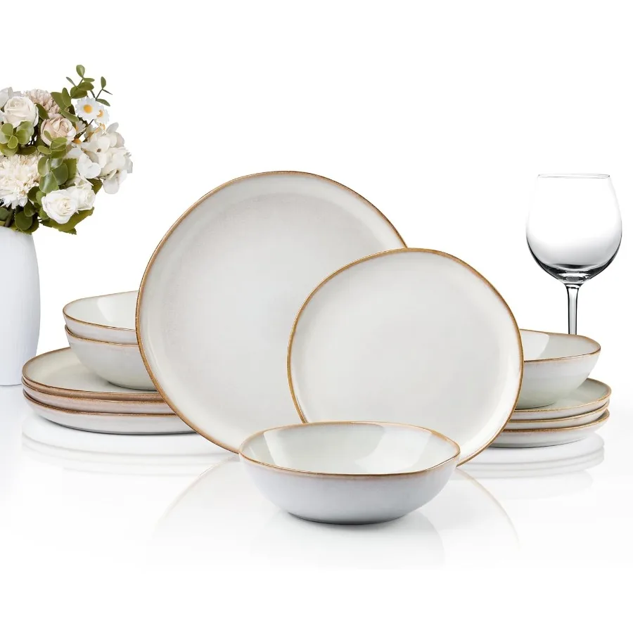 

Набор столовой посуды из 12 предметов, каменные тарелки и миски, набор для 4 керамических посуды, обеденный набор для домашнего ресторана, фишки и трещины