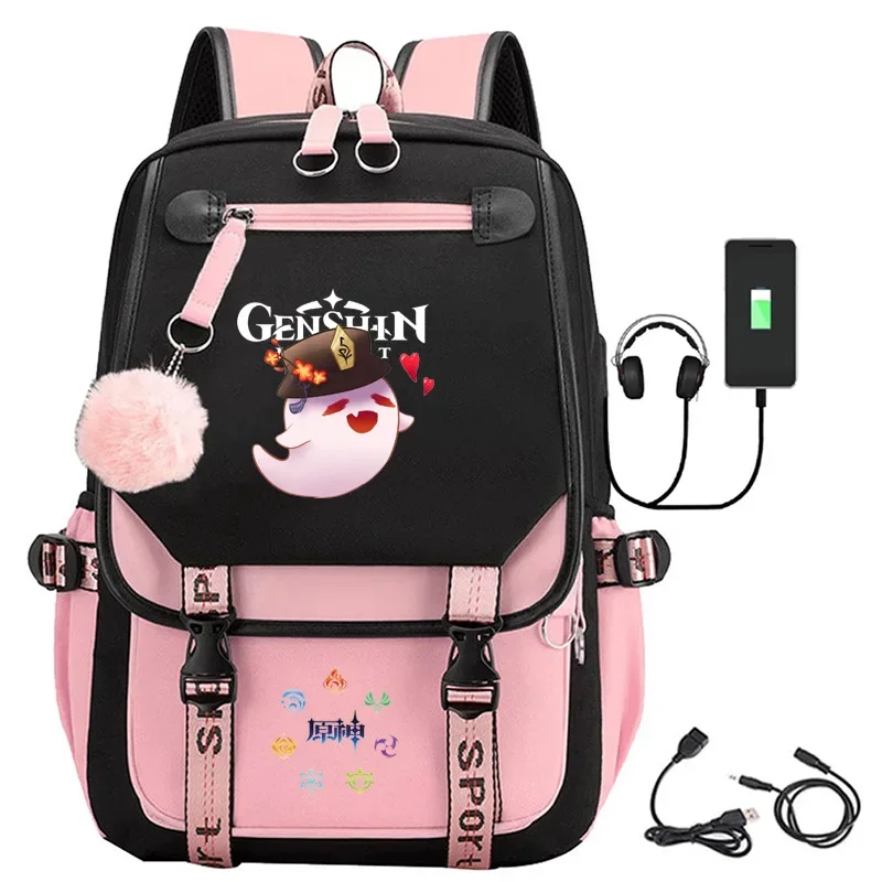 Game Genshin Impact Backpack Boys Girls Anime Cartoon Oxford Waterproof Belts Ball USB Interface Schoolbag Women Men Backpack