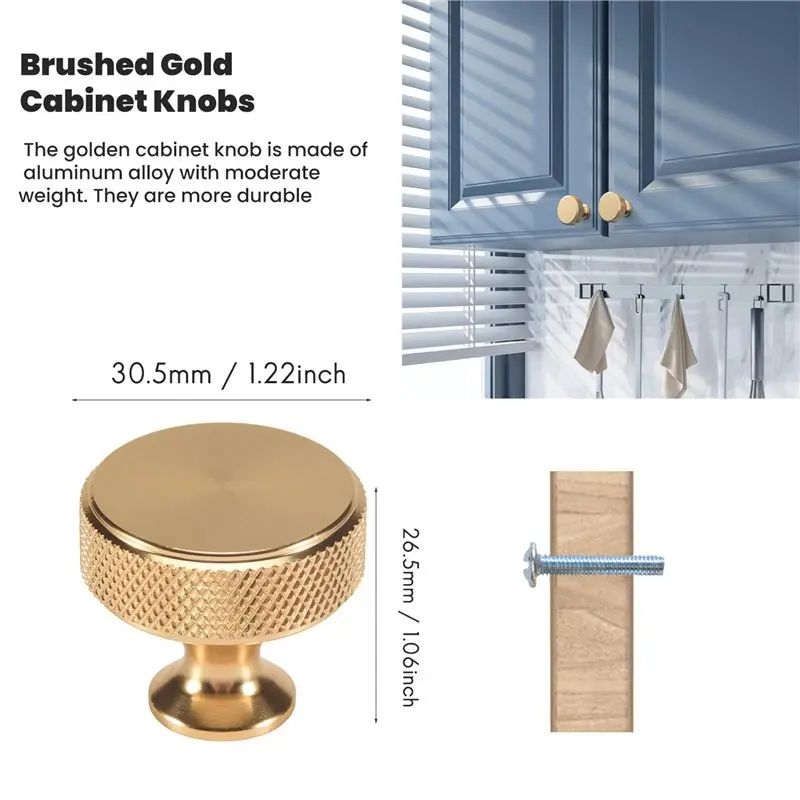 AFOURT-60 Packung mit 1,2-Zoll-Schrankknöpfen aus gebürstetem Gold, gerändelte Küchenschrankknöpfe, goldene Schubladenknöpfe, runde Kommodenknöpfe – Detail 6