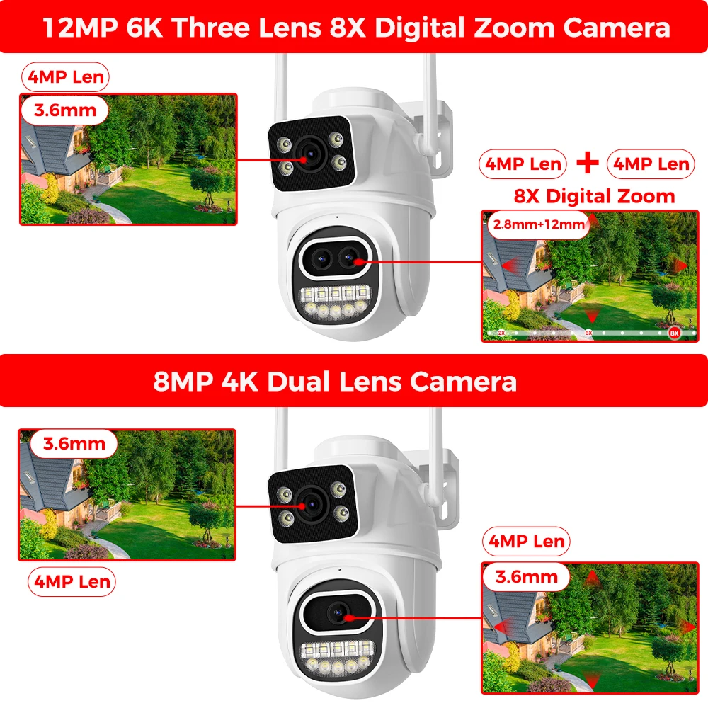 12MP 6K PTZ kamera Wifi Outdoor 8X cyfrowy Zoom kamera monitorująca podwójne ekrany wykrywające ludzi 4K kamera do monitoringu CCTV ICSEE