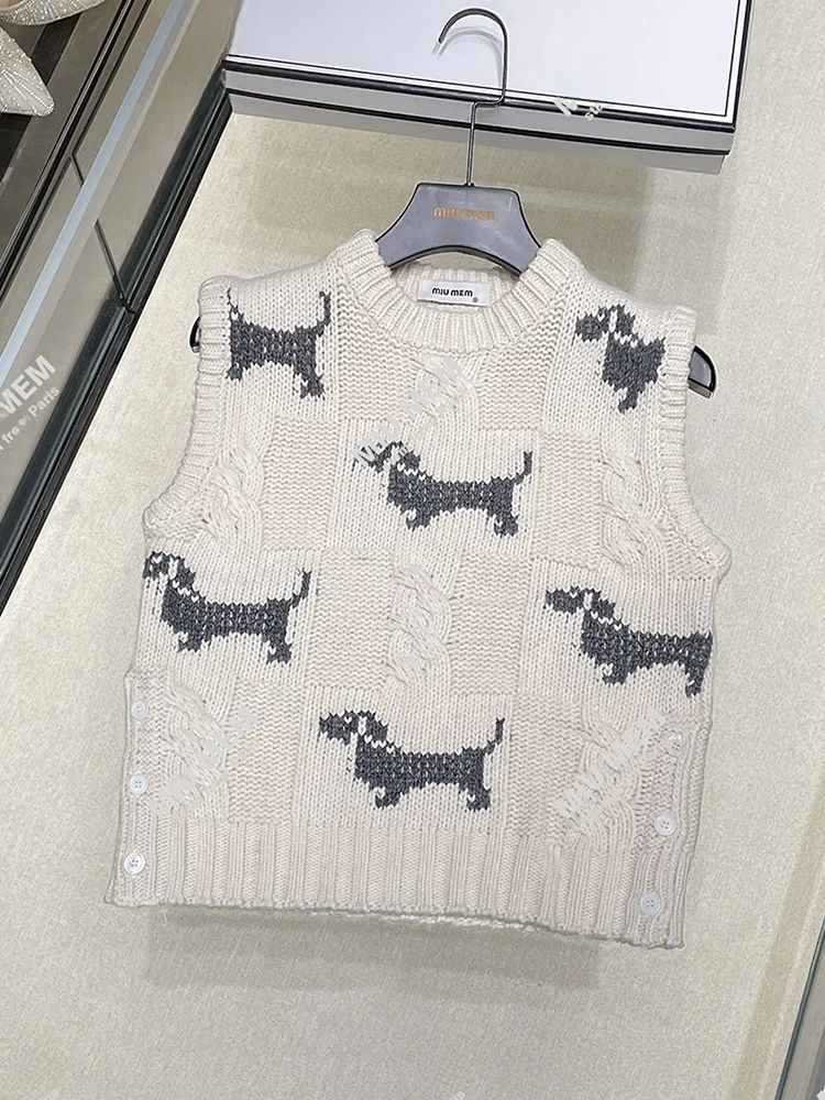 

Элегантный женский вязаный жилет с принтом, осенний, в университетском стиле, модный, удобный, стандартный крой, круглый вырез