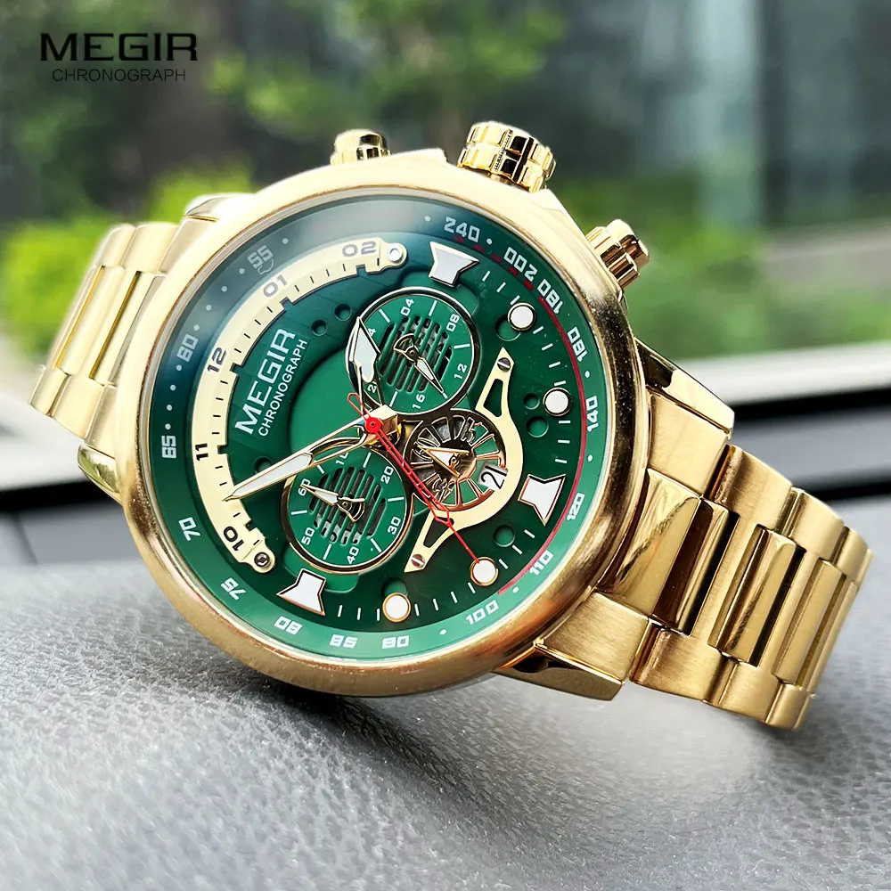 MEGIR Men's Watch Fashion Waterproof Chronograph Quartz Wristwatch with Auto Date Stainless Steel Strap Luminous Hands 24-hour