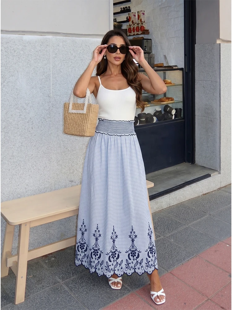 

HH Women Summer Spring Vintage Wanderlust Blue Gingham Skirt Spring Smocked Waist Cutwork Embroidery Maxi Lightweight Skirt
