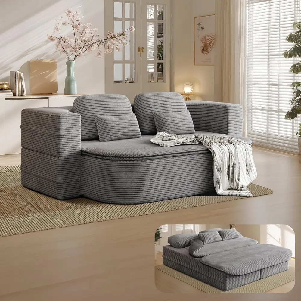 75'' Convertible Folding Sofa Bed, Memory Foam Couch, Corduroy Couch Love Seat Sleeper Bed, 2-In-1 Foldable Curved Sleeper Sofa