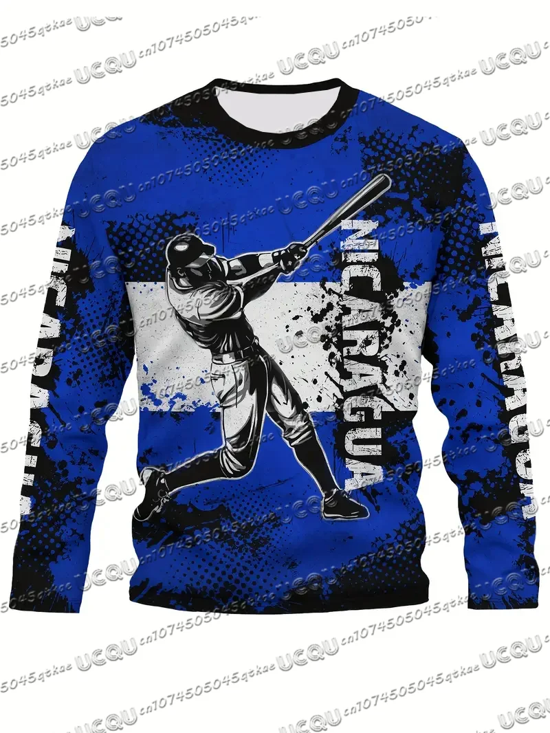 

Baseball Print Tee Casual Nicaraguan Baseball Print Long Sleeve T-Shirt Crew Neck Men's Spring Autumn Women's T-shirt