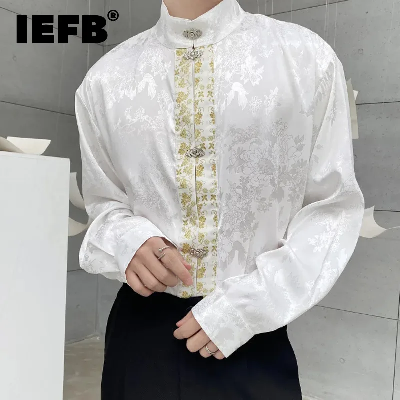 

IEFB New Male Shirts Jacquard Metal Knot Button Stand Collar Long Sleeve Men's Tops Contrast Color Chic Single Breasted 9A6907