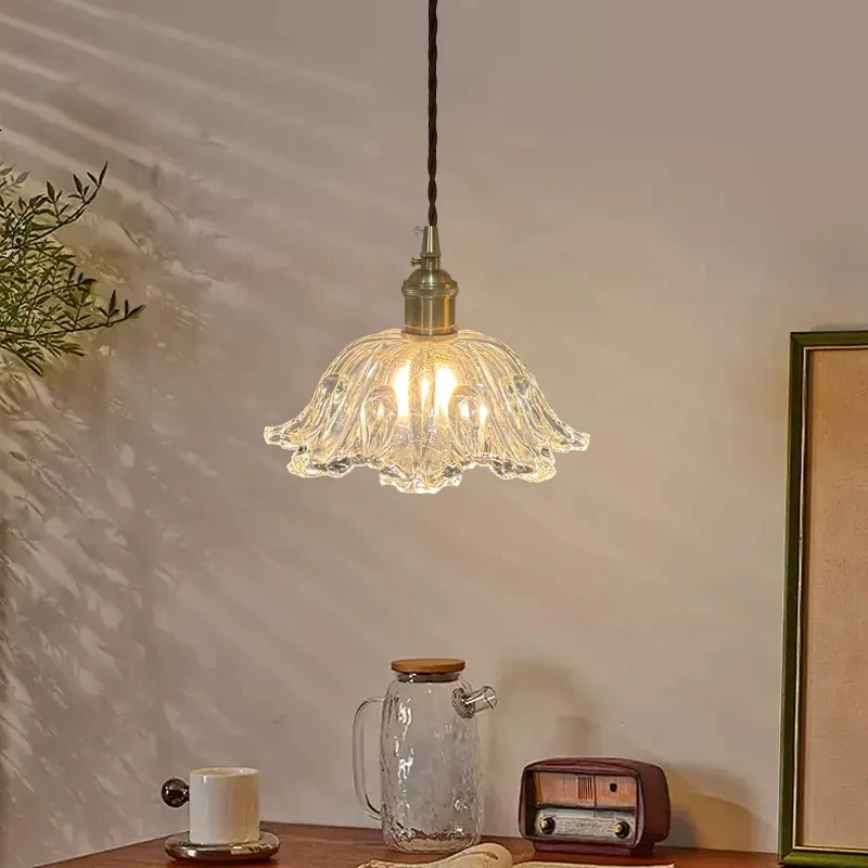 French walnut flower glass chandelier Japanese retro Internet celebrity restaurant bar brass lamp bed and breakfast bedside lamp