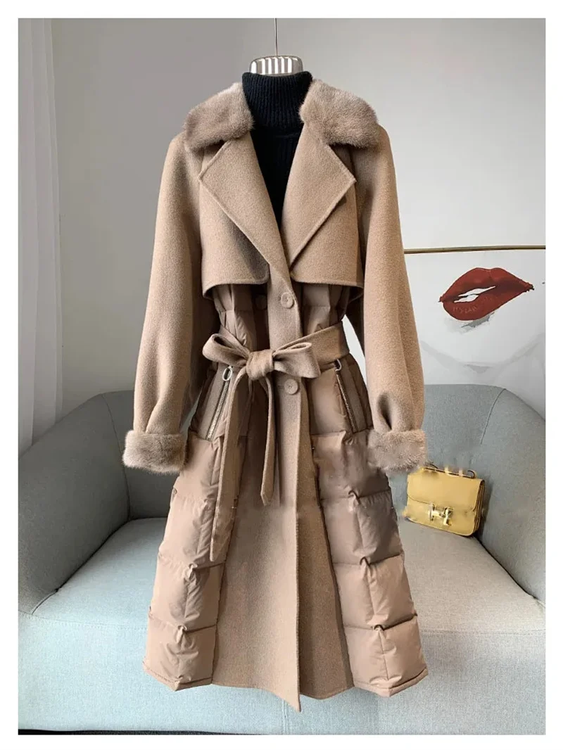 Mink Collar Woolen Coat European Version Double-Sided Nylon Duck Down Coat Long Style Slimming Windbreaker for Women in Winter