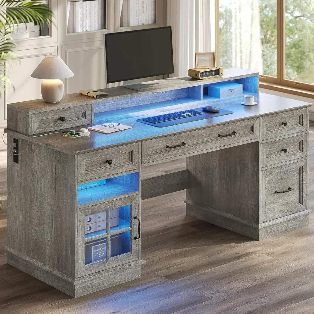 farmhouse executive desk with drawers computer desk with file drawers, power outlet and led lights, executive office desk with s