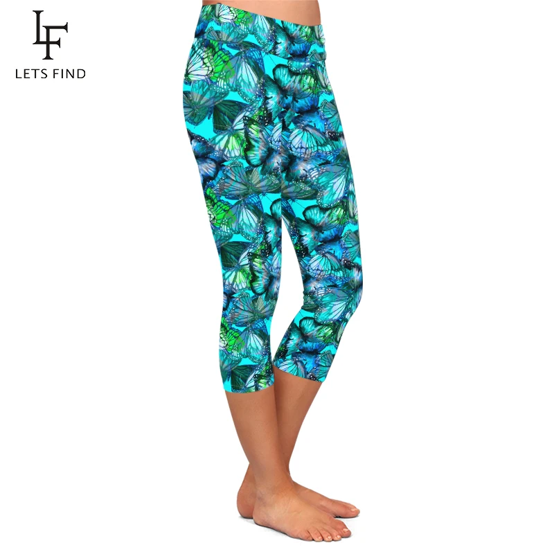 LETSFIND 2020 New High Quaility Women Capri Leggings Blue Butterflies Print High Waist  Fitness Soft Mid-Calf Leggings