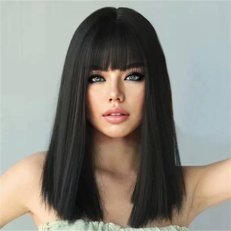Fashion black synthetic wig female Qi bangs long hair festival daily wig chemical fiber mechanism full head wig image 4