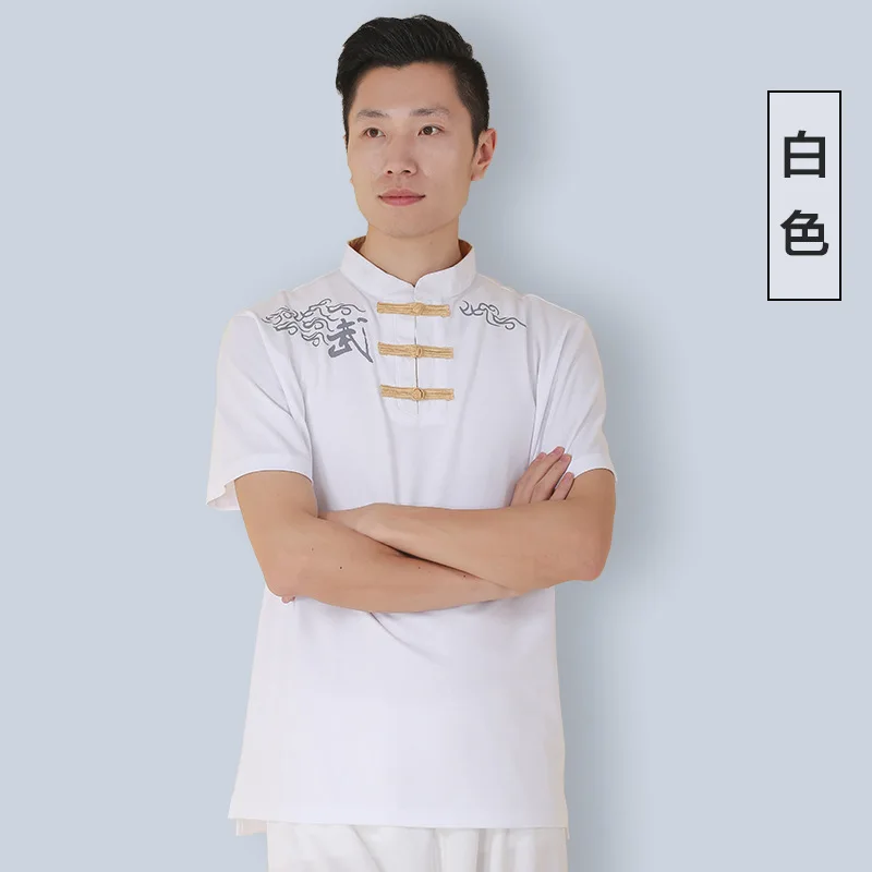 Cotton Linen Men Tai Chi Kungfu Martial Arts Shirts Chinese Style Printing Sweatshirt  Short Sleeve Wushu Casual Workout Shirt