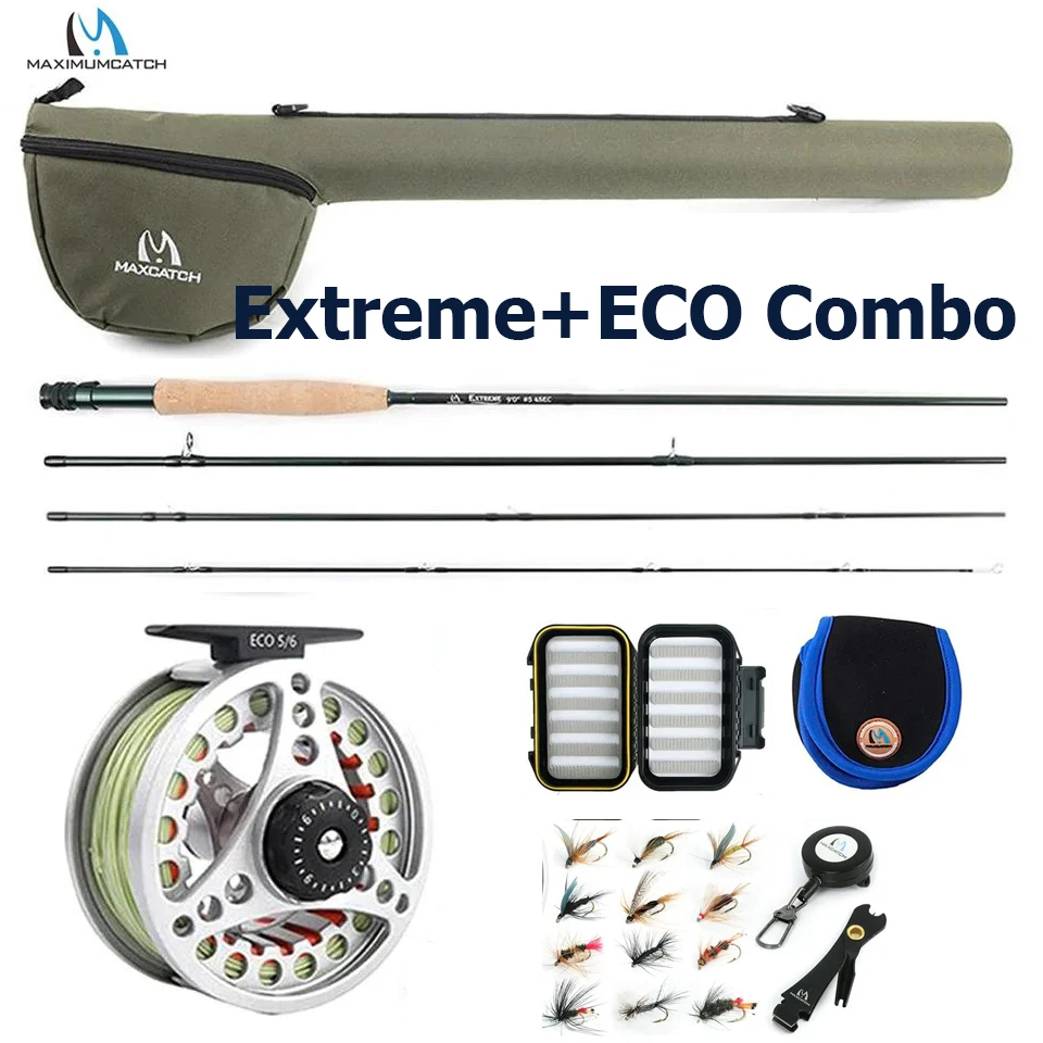 MAXIMUMCATCH Kit de pêche à la mouche extrême ECO/Tino 8-9 pieds 3-8WT canne en carbone moyen-rapide avec moulinet en graphite, ligne et boîtier triangulaire, boîte