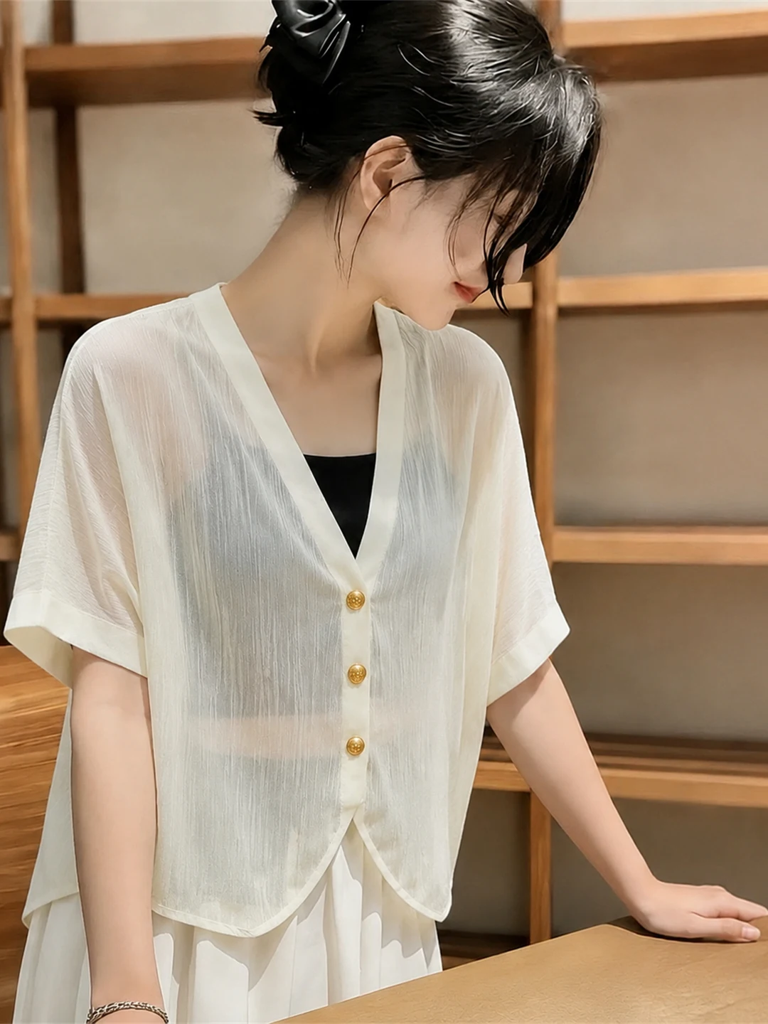 Slimming Loose Short Sleeve V-Neck Transparent Breathable Summer Fashion Lazy Style Sun Protection Top Single Button Women's ...