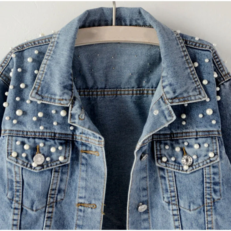 VOLALO  Pearl Beading Short Denim Jackets 3Xl 5Xl Women White Wash Long Sleeve Vintage Casual Jean Jacket Bomber Denim Coat