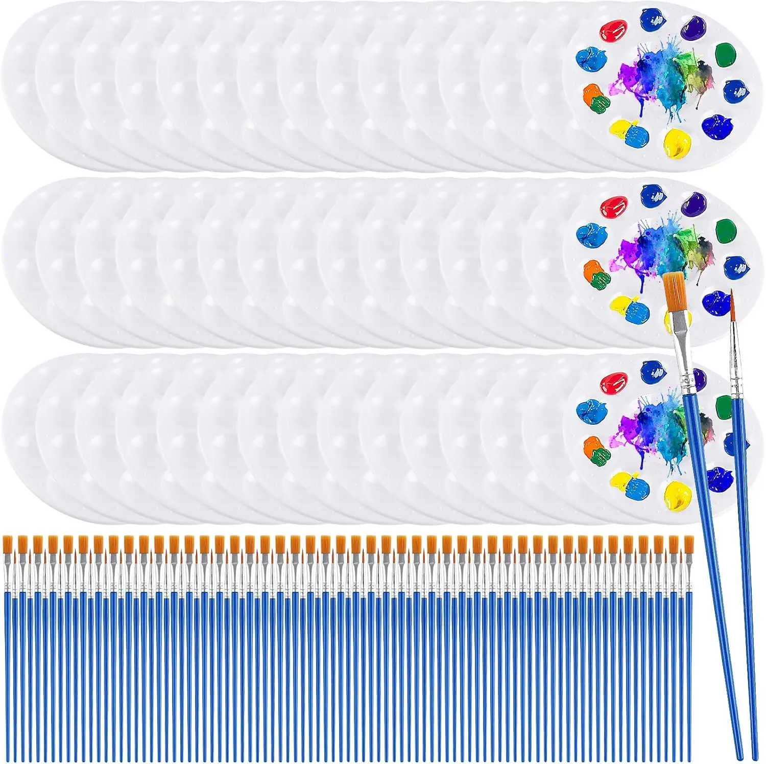 

150 Pcs Paint Brush Palette Set, 50 Pcs Plastic Paint Palettes, 100 Pcs Paint Brushes, Paint Tray Palettes for Acrylic O