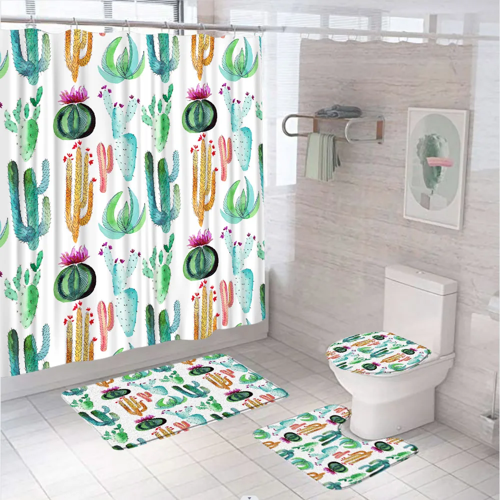 

Tropical Cactus Shower Curtain Sets Flower Blossom Succulent Plant Bathroom Curtains Non-Slip Bath Mat Rug Lid Toilet Cover Home